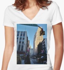 Street, City, Buildings, Photo, Day, Trees, New York, Manhattan Women's Fitted V-Neck T-Shirt