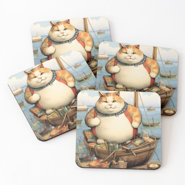 Item preview, Cats at Sea: Fat Cat, little boat Vintage Style Art designed and sold by KittyStampedeCo.