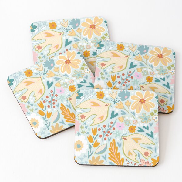 Item preview, Romantic Boho Garden with Love Birds 2. teal, orange and pink accents on Aqua designed and sold by Dominiquevari.