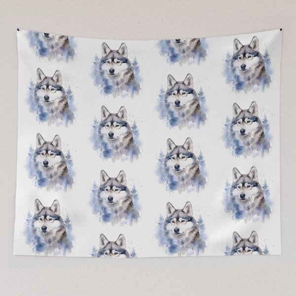 Item preview, Portrait of a Siberian Husky Winter Wonderland watercolor art designed and sold by EmmaFinchDesign.
