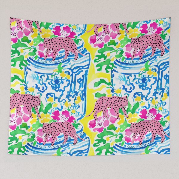 Item preview, Pink panthers on giant chinoiserie jars on yellow designed and sold by SophieClimaArt.