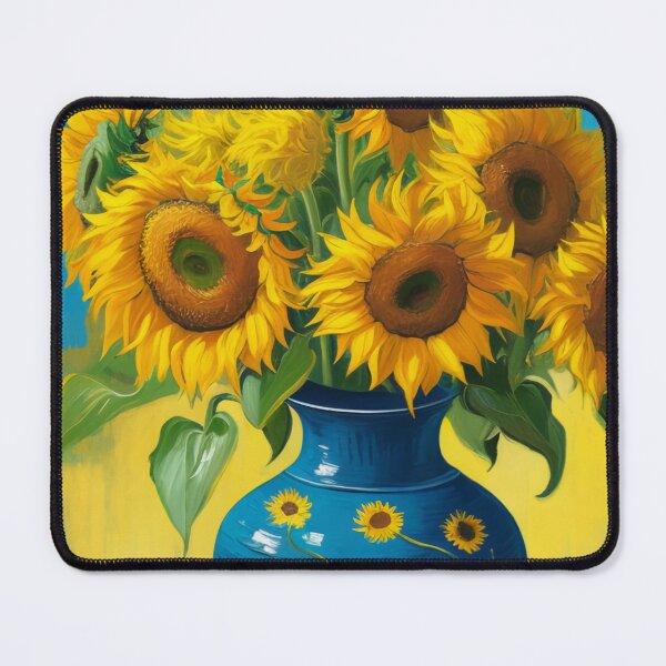 Artikelvorschau, Ein Strauß leuchtend gelber Sonnenblumen in einer blauen Keramikvase entworfen und verkauft von capefox.