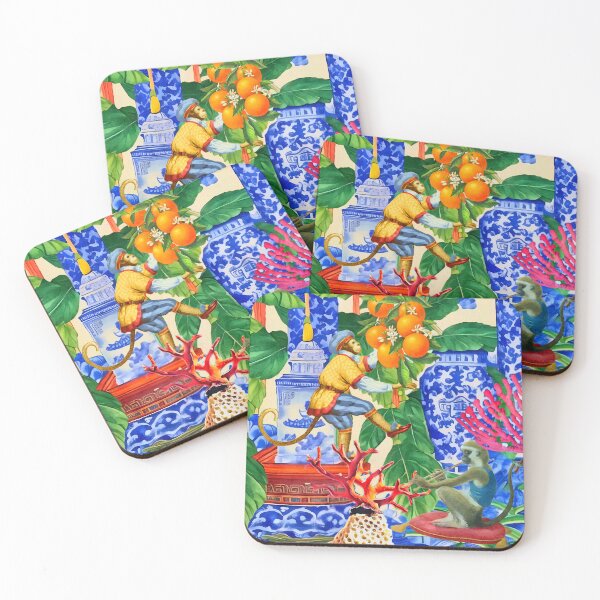 Item preview, Monkey picking oranges chinoiserie watercolor designed and sold by SophieClimaArt.