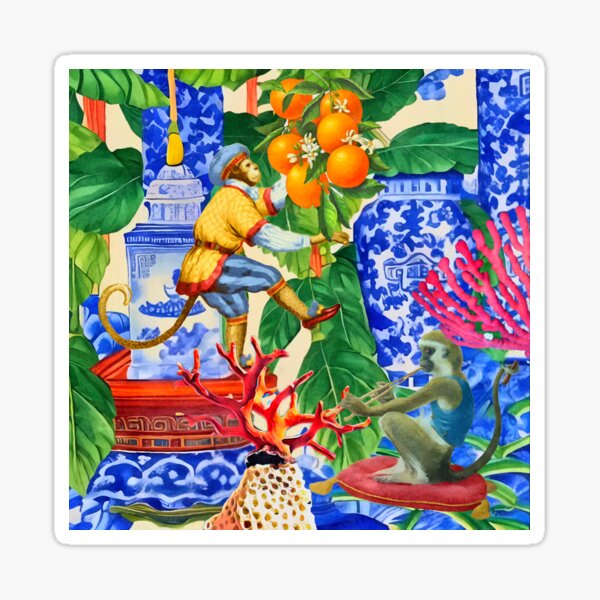 Item preview, Monkey picking oranges chinoiserie watercolor designed and sold by SophieClimaArt.