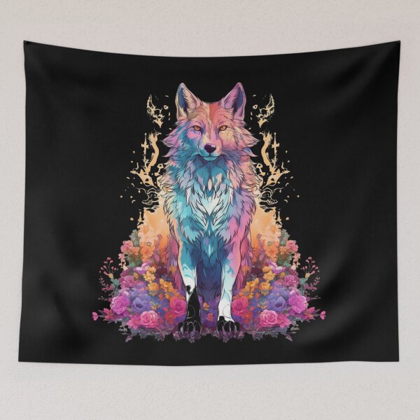 Item preview, Colorful Wolf With Flowers designed and sold by letsgetinspired.