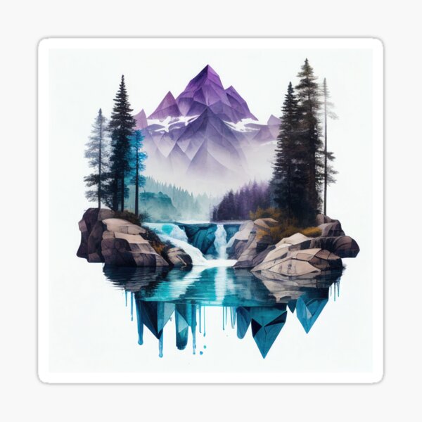 Geometric Watercolor Purple Mountains with Blue Lake Waterfall Sticker