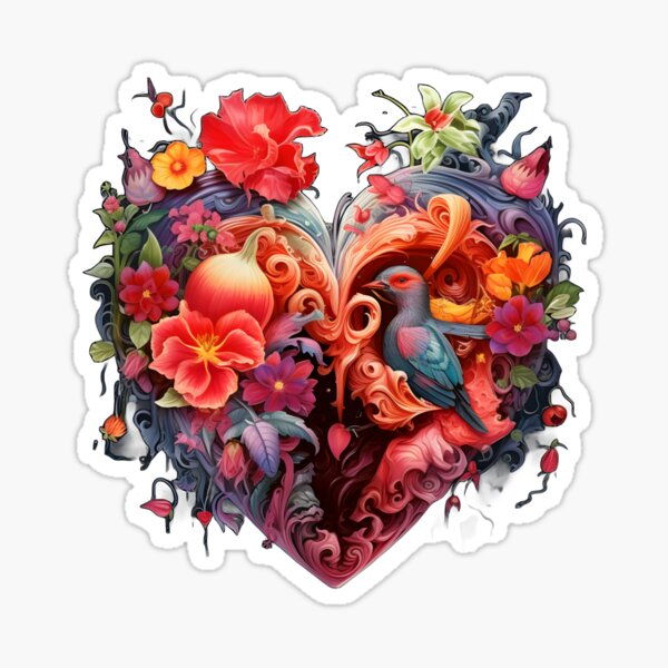 Heart Flowers Bird Sticker