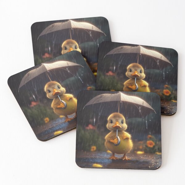 Item preview, Cute little yellow duckling with umbrella in rain on dark background designed and sold by aiphotosart.