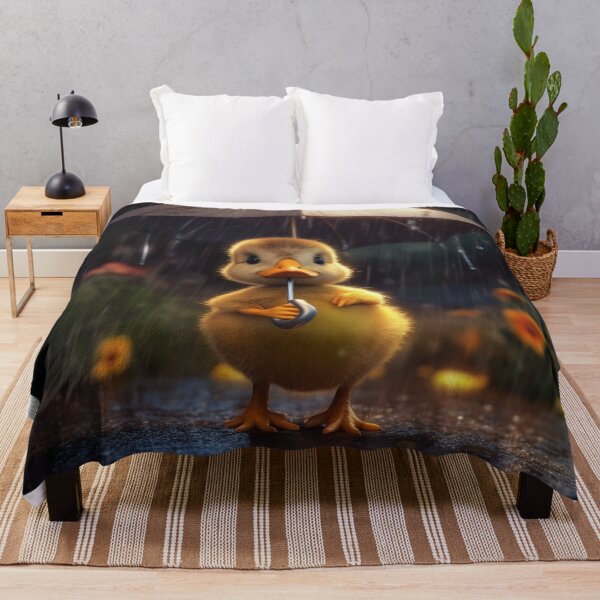 Item preview, Cute little yellow duckling with umbrella in rain on dark background designed and sold by aiphotosart.
