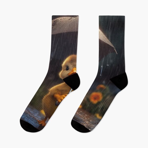 Item preview, Cute little yellow duckling with umbrella in rain on dark background designed and sold by aiphotosart.