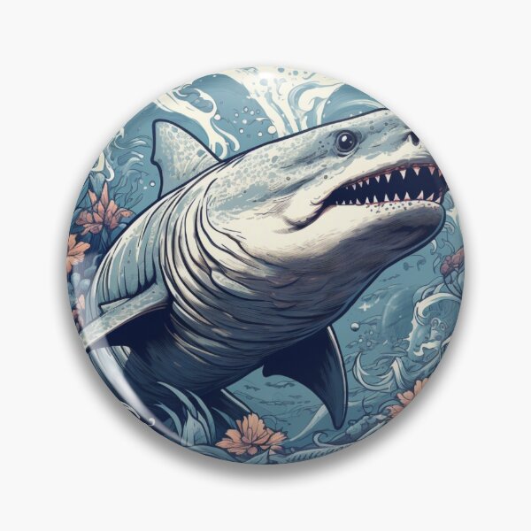 Artikelvorschau, Ocean's Enigma: Superdetaillierter Hai mit Wellen und Blumen entworfen und verkauft von Bee Happy Creative™.