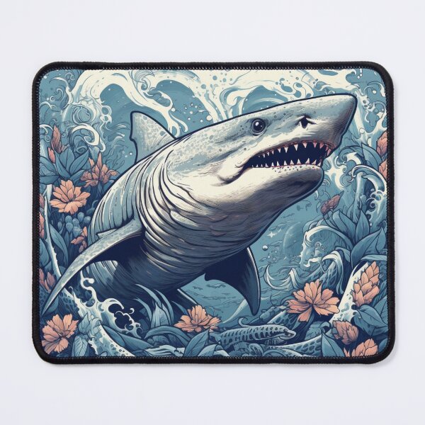 Item preview, Ocean's Enigma: Hyper-Detailed Shark with Waves and Flowers designed and sold by Bee Happy Creative™.
