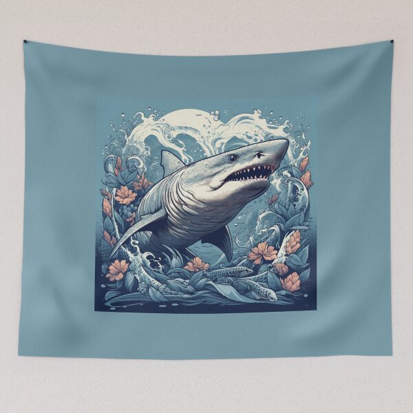 Item preview, Ocean's Enigma: Hyper-Detailed Shark with Waves and Flowers designed and sold by Bee Happy Creative™.