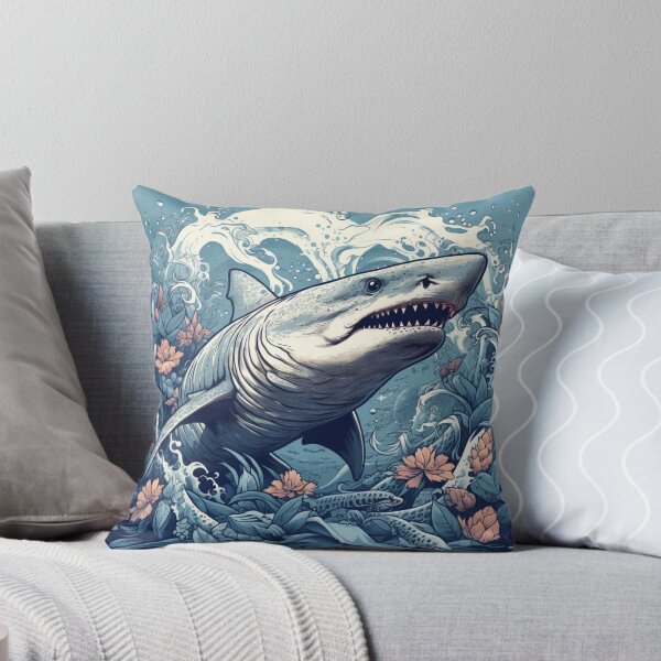 Item preview, Ocean's Enigma: Hyper-Detailed Shark with Waves and Flowers designed and sold by Bee Happy Creative™.