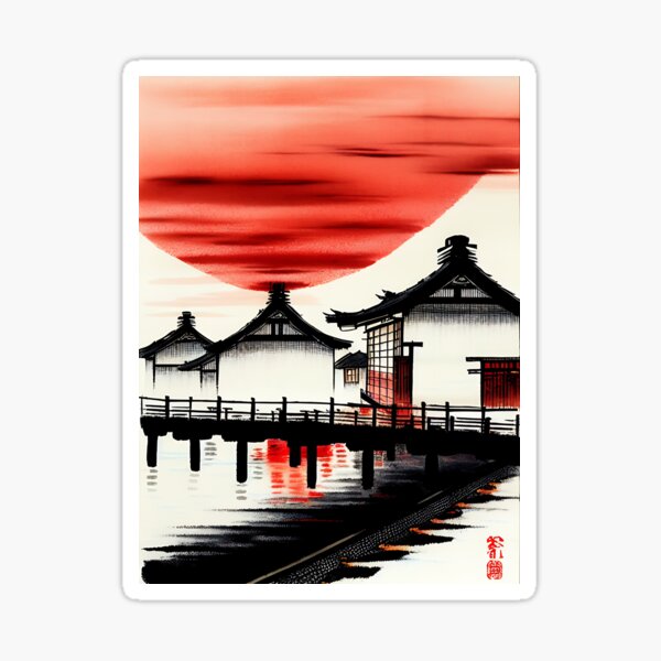 Soleil Rouge Japon - art japonais vintage - style Katsushika Hokusai Sticker