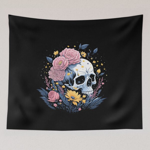Item preview, Skull with flowers pink roses and sunflower  designed and sold by Shaymalily.