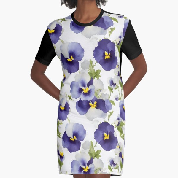 Purple and White Pansy Flowers Pattern Graphic T-Shirt Dress