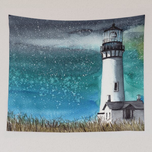 Item preview, Watercolor illustration of the Yaquina Head lighthouse on the grassy hill designed and sold by MaryWatercolor.