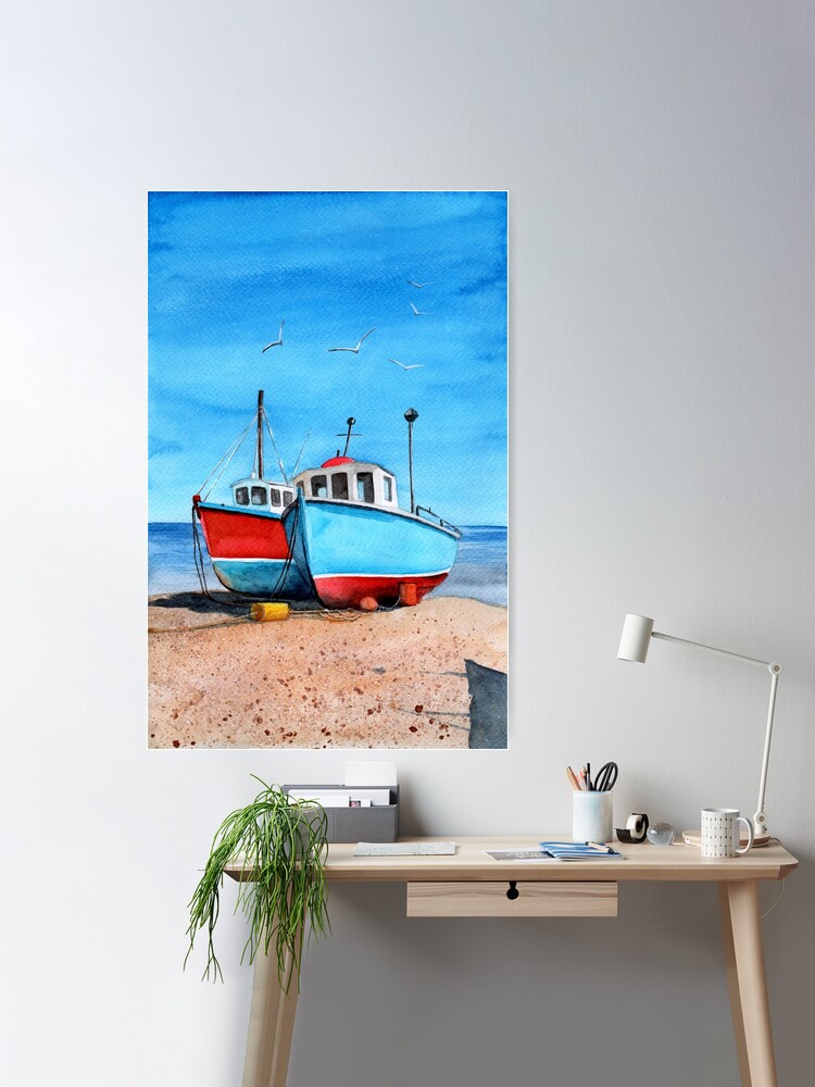 Watercolor three colorful wooden fishing boats Poster for Sale by