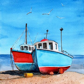 Watercolor picture of two colorful fishing boats on a sandy seashore   Essential T-Shirt for Sale by MaryWatercolor