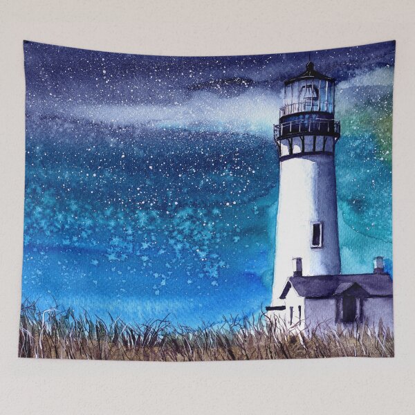 Item preview, Watercolor illustration of the Yaquina Head lighthouse on a hill designed and sold by MaryWatercolor.