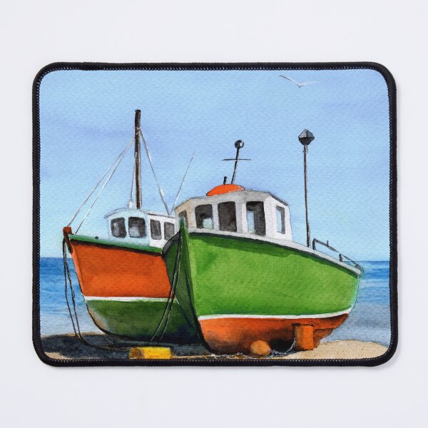Item preview, Watercolor picture of two colorful fishing boats on a sandy sea shore designed and sold by MaryWatercolor.
