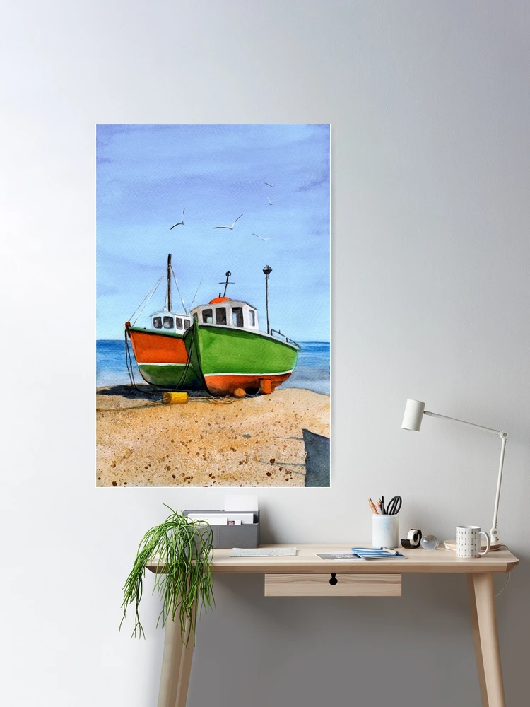 Watercolor picture of two colorful fishing boats on a sandy sea shore |  Poster