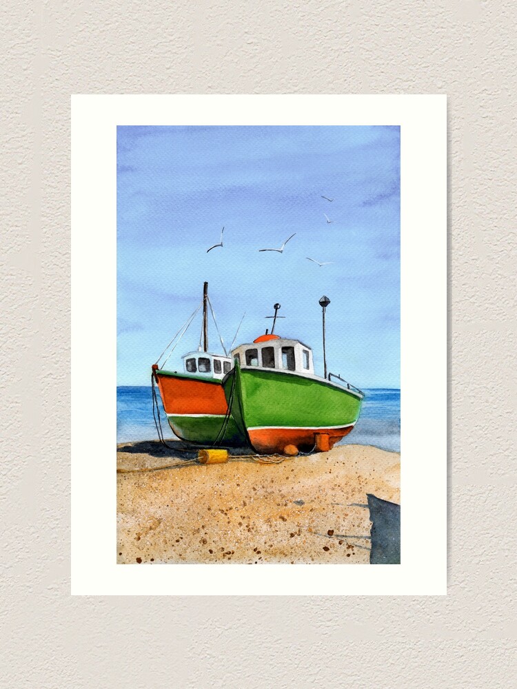 Watercolor picture of two colorful fishing boats on a sandy sea