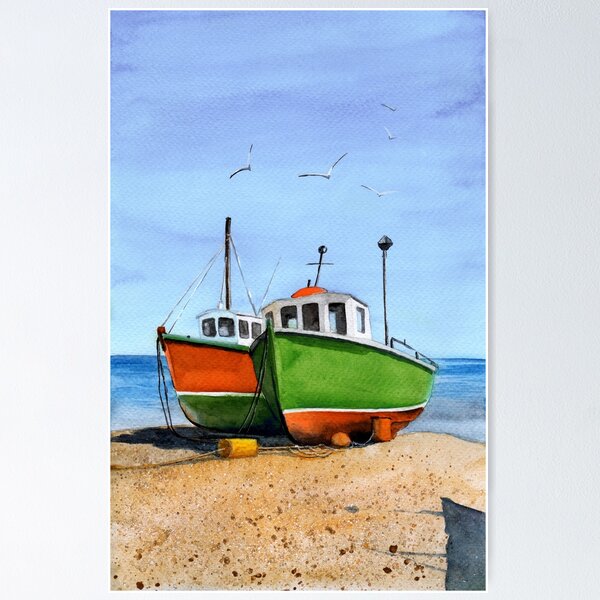 Watercolor three colorful wooden fishing boats Poster for Sale by  MaryWatercolor