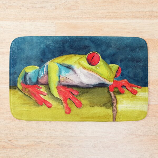 Item preview, Watercolor illustration of funny colorful frog sitting on a green bamboo designed and sold by MaryWatercolor.