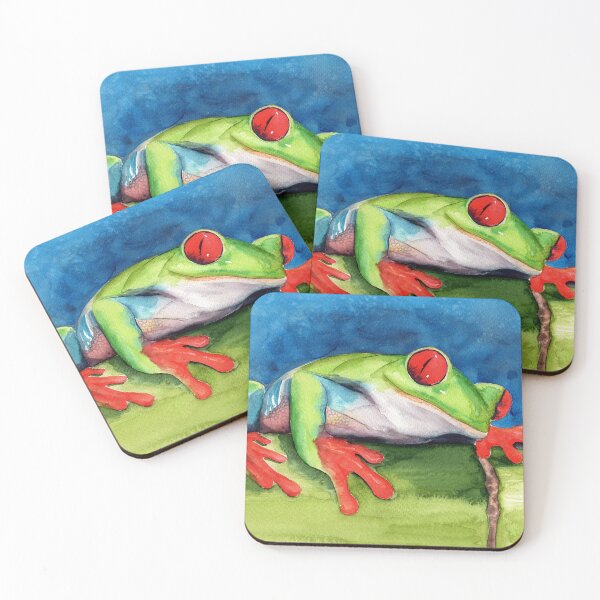 Item preview, Watercolor illustration of a colorful frog sitting on a green bamboo designed and sold by MaryWatercolor.
