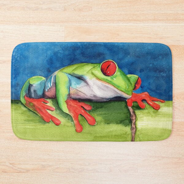 Item preview, Watercolor illustration of a colorful frog sitting on a green bamboo designed and sold by MaryWatercolor.
