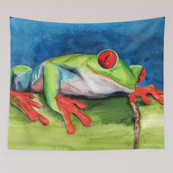 Item preview, Watercolor illustration of a colorful frog sitting on a green bamboo designed and sold by MaryWatercolor.