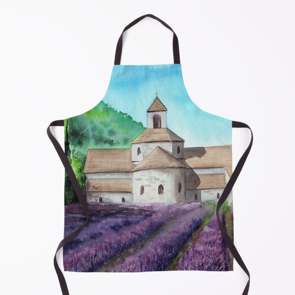 Artikelvorschau, Aquarellbild eines lila Lavendelfeldes mit einer alten Burg und einigen Zypressen entworfen und verkauft von MaryWatercolor.
