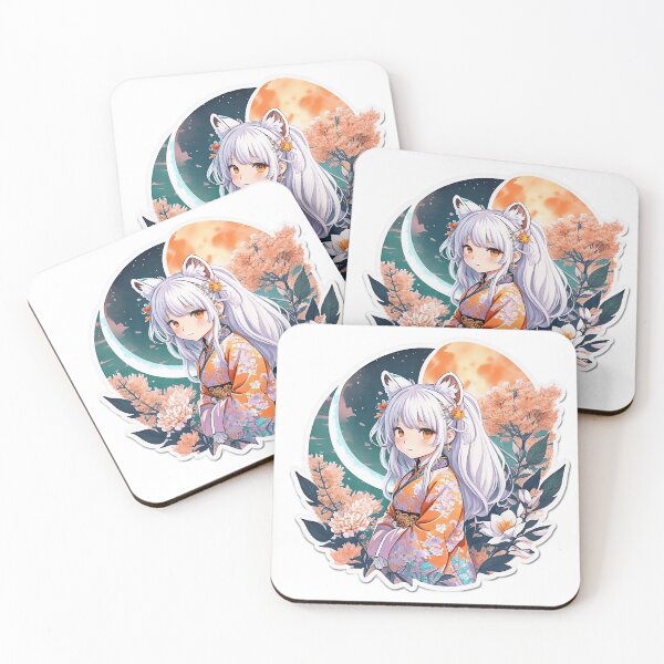 Item preview, Moonlit Whiskers: Cute Anime Girl with White Hair, Orange Tiger Ears, Flora, and Moon - Watercolor Art designed and sold by CuteArt5639.