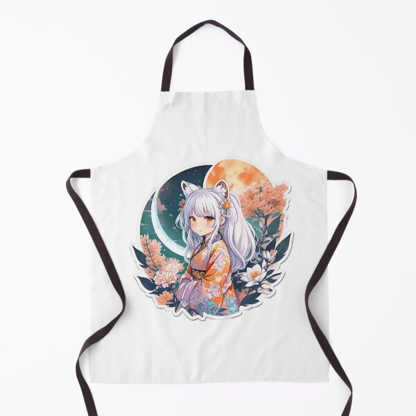 Item preview, Moonlit Whiskers: Cute Anime Girl with White Hair, Orange Tiger Ears, Flora, and Moon - Watercolor Art designed and sold by CuteArt5639.