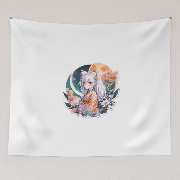 Item preview, Moonlit Whiskers: Cute Anime Girl with White Hair, Orange Tiger Ears, Flora, and Moon - Watercolor Art designed and sold by CuteArt5639.