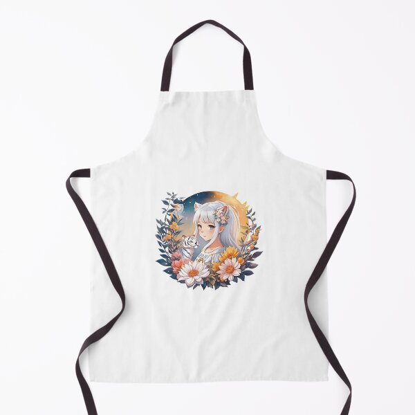 Item preview, Whiskered Moonlight: Cute Anime Girl with White Hair, Orange Tiger Ears, Flora, and Moon - Watercolor Art designed and sold by CuteArt5639.