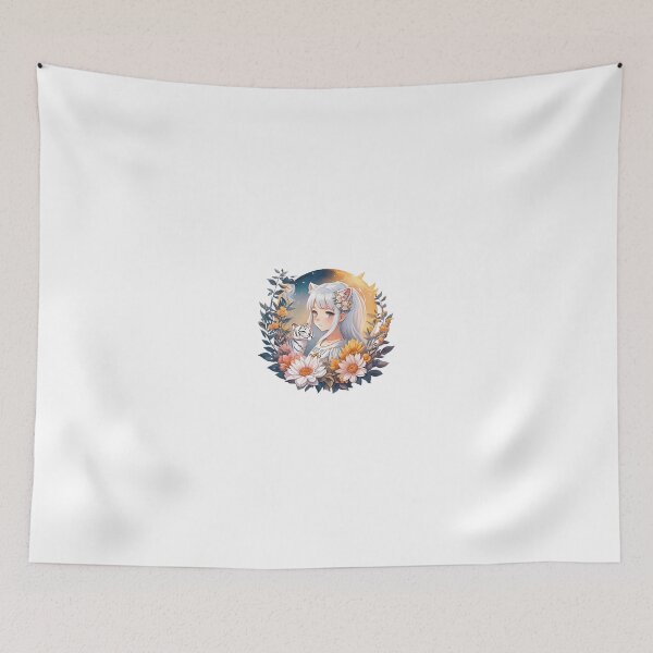 Item preview, Whiskered Moonlight: Cute Anime Girl with White Hair, Orange Tiger Ears, Flora, and Moon - Watercolor Art designed and sold by CuteArt5639.