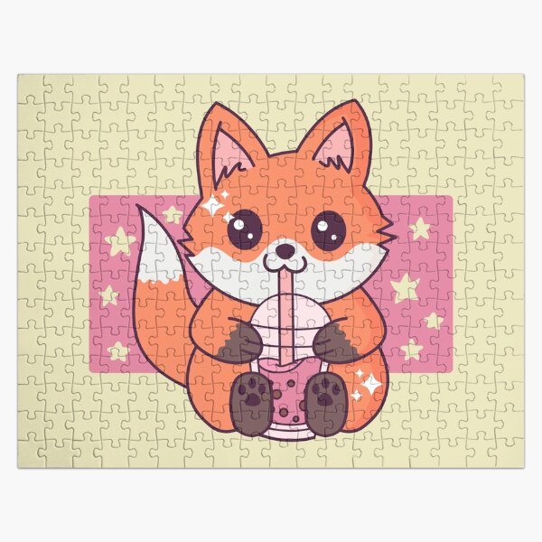 Cute Baby Fox Drinking Boba Tea Kawaii Fox Lover Jigsaw Puzzle