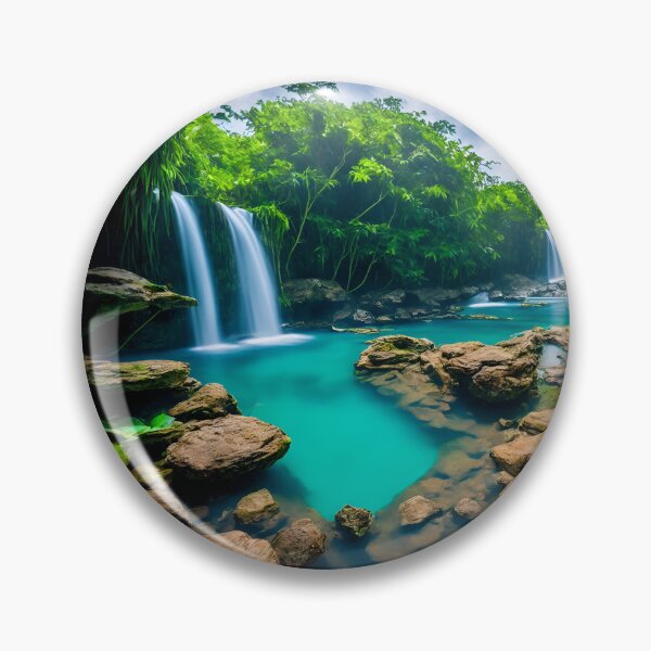Artikelvorschau, Dschungellandschaften mit einem klaren Pool oder einer Lagune am Fuße des Wasserfalls, KI-generierte Kunst entworfen und verkauft von AiGens.