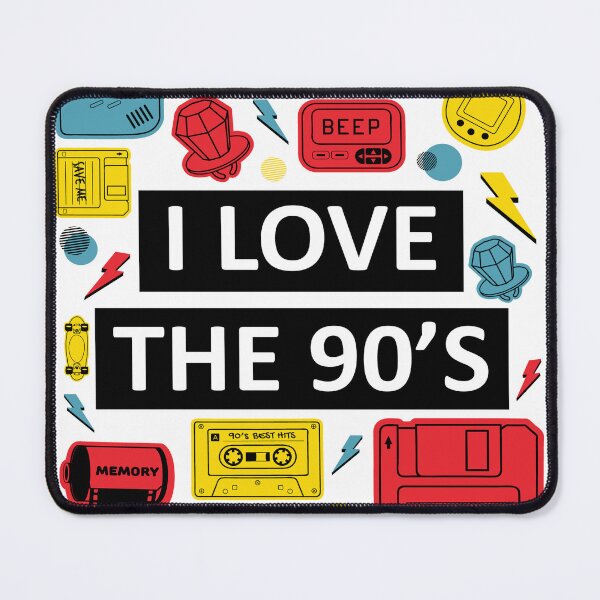 Item preview, I Love the 90's Red Yellow and Blue Retro Vintage Nostalgic Design, Collage Gadget, Cassette Music Diskette Toy Memory Film, Print Art Display Poster Wall Art, Mug Pillow Shirt Design designed and sold by Ekkswai.