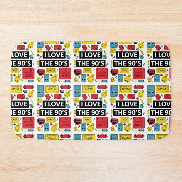 Item preview, I Love the 90's Red Yellow and Blue Retro Vintage Nostalgic Design, Collage Gadget, Cassette Music Diskette Toy Memory Film, Print Art Display Poster Wall Art, Mug Pillow Shirt Design designed and sold by Ekkswai.