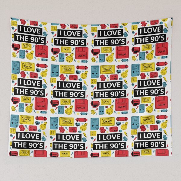 Item preview, I Love the 90's Red Yellow and Blue Retro Vintage Nostalgic Design, Collage Gadget, Cassette Music Diskette Toy Memory Film, Print Art Display Poster Wall Art, Mug Pillow Shirt Design designed and sold by Ekkswai.