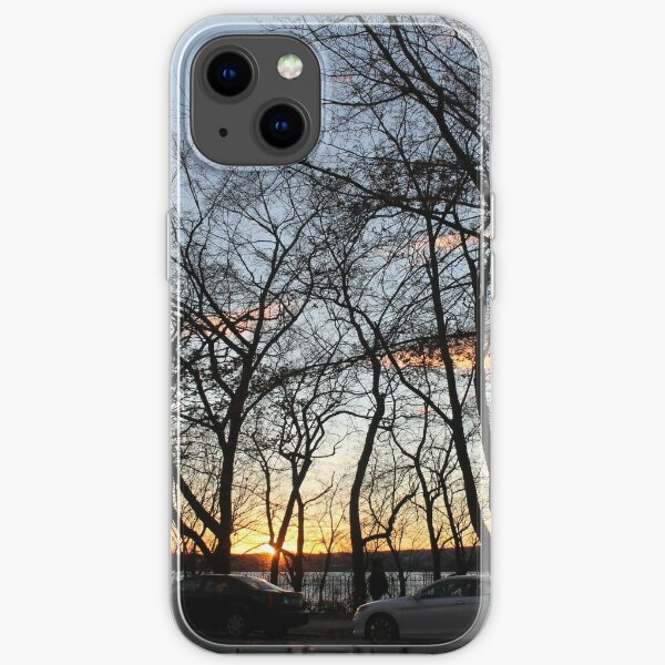 Sunset, pink clouds, trees, tree branches dance strange dance in the rays of sunset iPhone Soft Case