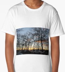 Sunset, pink clouds, trees, tree branches dance strange dance in the rays of sunset Long T-Shirt