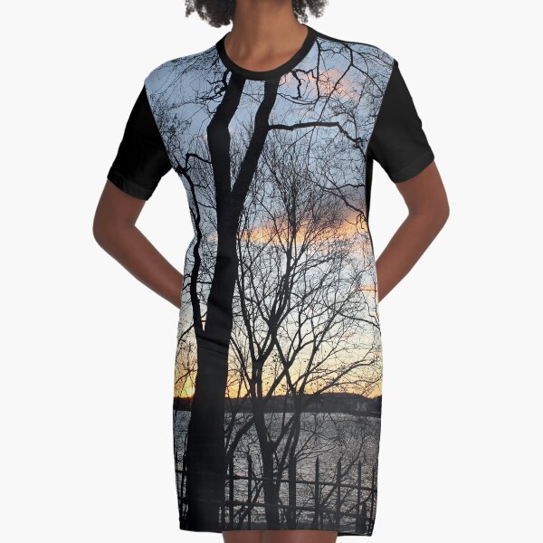 Sunset, pink clouds, trees, tree branches dance strange dance in the rays of sunset Graphic T-Shirt Dress