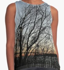 Sunset, pink clouds, trees, tree branches dance strange dance in the rays of sunset Contrast Tank