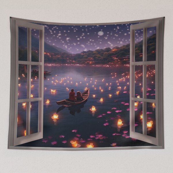 Item preview, Window view of lake with lanterns designed and sold by zand-n-zive.