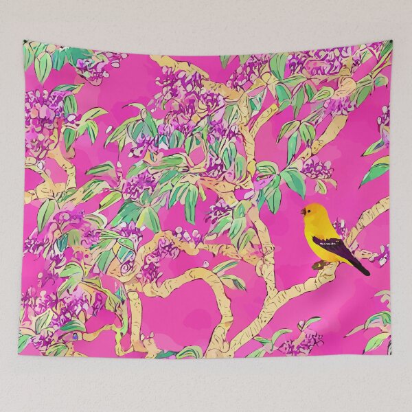 Item preview, Canary bird on pink chinoiserie designed and sold by SophieClimaArt.